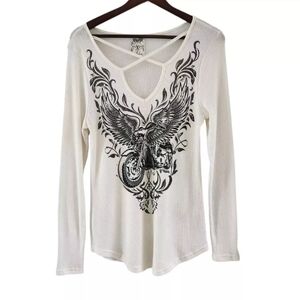 Vocal Cream Thermal Rhinestones Motorcycle Wings Y2K Top Shirt USA Size XL